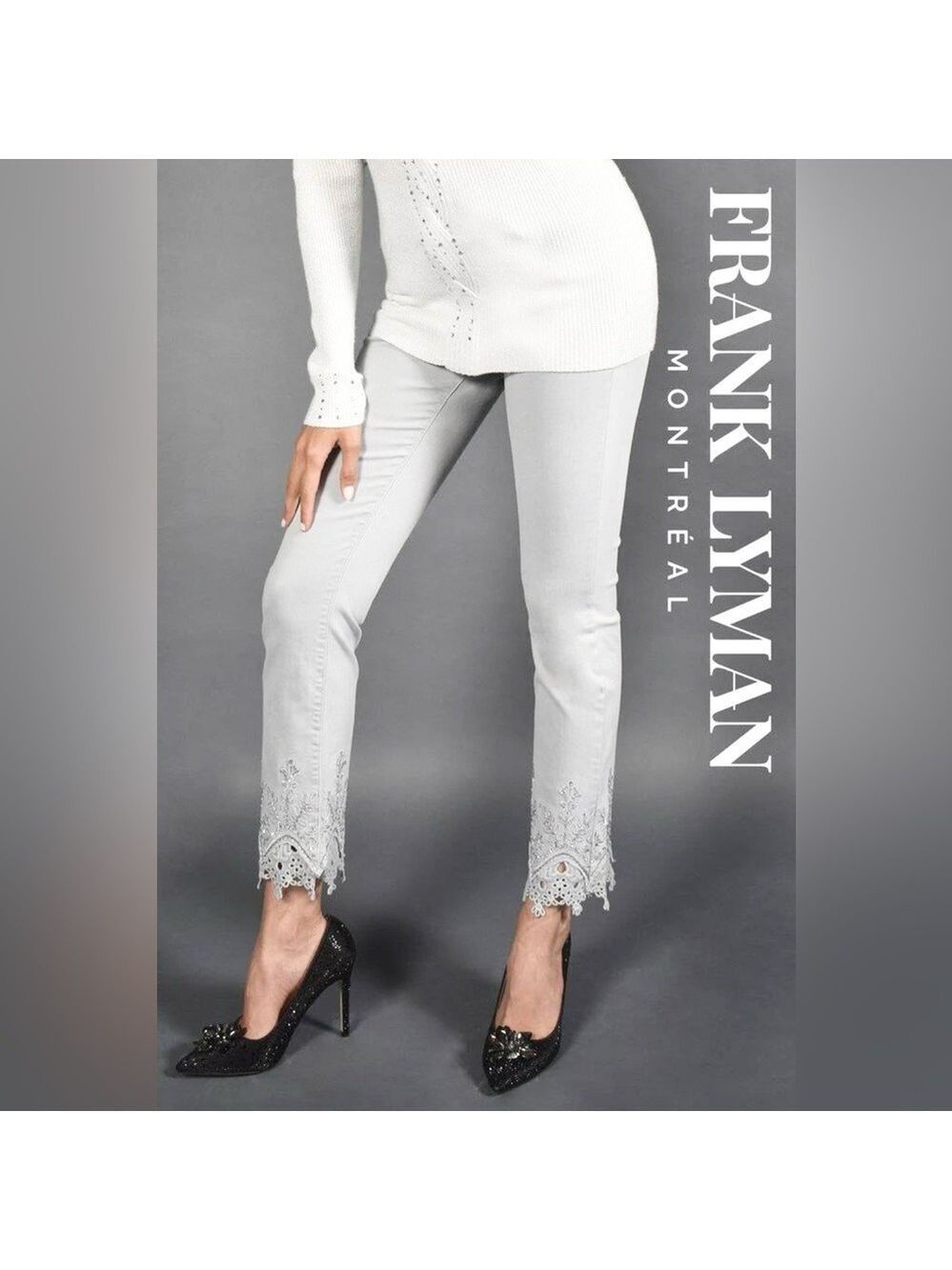 Frank Lyman Design Collection Light Grey Denim Pant Embellished Cuff Sz M